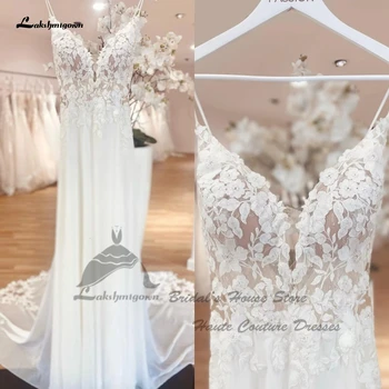 Sexy Chiffon Wedding Dress Bohem-2022 Kappe Elegante Lang Bridal Stranden Bryllup Kjoler Floral Lace Appliques Spaghetti Stropper