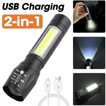 2-i-1-LED-Lommelykt Mini Lommelykt 4 Moduser for USB-Oppladbart Batteri-Lampe Zoom Fokus COB Torch Utendørs Vanntett Camping Lys