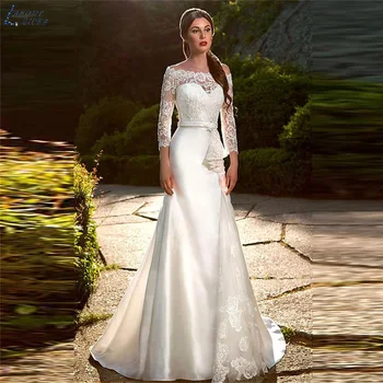 LAYOUT NICEB Vintage Lange Ermer Blonder Mermaid Wedding Dress Bruden Satin Bridal Gowns Elegante Pluss Størrelse Tilpasset Vestido De Novia