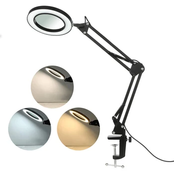 Fleksibel Klemme-på bordlampe med 8x Forstørrelse Glass Swing Arm Dimbare Opplyst Forstørrer Led Dusj Lys 3 Farge Modus Lampe