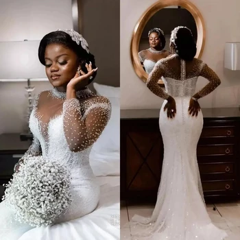 Luksus Mermaid Wedding Kjoler Krystaller Beaded Elegante Lange Ermer Appliqued Blonder Bruden Kjoler Afrikanske Vestidos De Novia