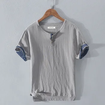Løs Overdimensjonert Bomull Kort-sleeved Menn ' s T-skjorte Krage Spent Halv-åpen Skjorte koreanske Menn Mote Klær 2020 Ny