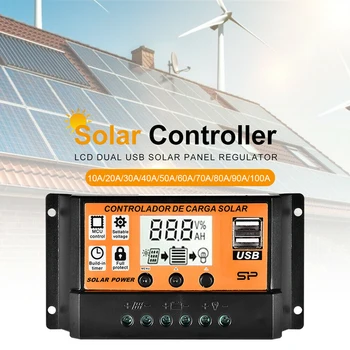 100A Solar Lade Kontrolleren Solar Panel-Kontrolleren 12V/24V Justerbart LCD-Skjerm Solcellepanel, Batteri, Regulator med USB-Port