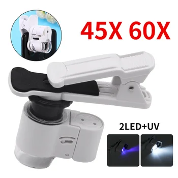 45 X/60 X Universal Klippet Mikroskop LED Smykker Forstørrelsesglass Fokus Justert Lomme Mikroskop med Mobiltelefon Klippet UV-Lys