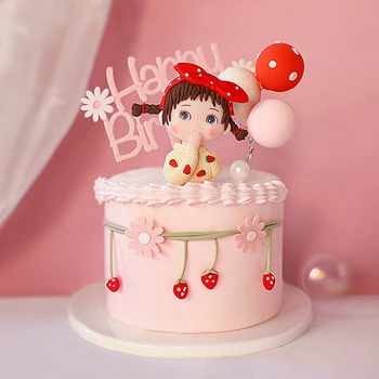 Rosa Prinsesse Jente Jordbær Dekorasjon Hot Air Balloon Bryllup Rekvisita Stjerners Happy Birthday Cake Topper Baking Kjærlighet Gave