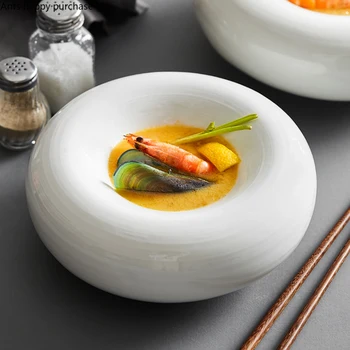 Hvite Keramiske Middag Plate Restaurant Dekorasjon Servise Retter Rund Form Tykk Frukt Bolle Salat Bolle Dessert Snack Plate