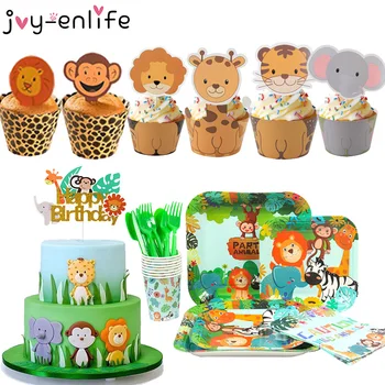 Glede-Enlife Gutt Bursdag Servise Zoo Monkey Lion Jungle Party Kake Toppers Safari Tema Papir Cup Plate Cupcake Wrapper Innredning