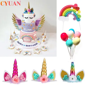 Unicorn Horn Kake Topper Barn Birthday Party Dekor Rainbow Ballong Cupcake Toppers Baby Shower Bryllup Kake Dekorasjoner