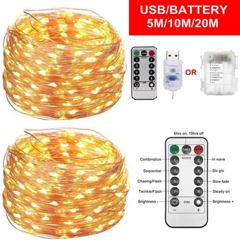 5 M/10M/20M LED Kobber wire streng lys Glimt Fairy garland USB-batteridrevet lampe For Home Party Ramadan Dekorasjon 2023