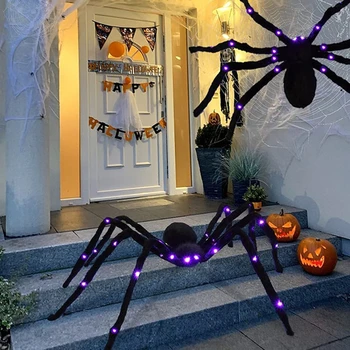 125cm Svart Skremmende Gigantiske Simulering Edderkopp med Stor Lilla LED-Lys Hjemsøkt Rekvisitter Innendørs Utendørs Halloween Spider Dekorasjon