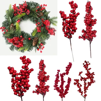 5Pcs Kunstig Julen Rød Bær konglen Grener Til Jul Hjem DIY Krans Dekorasjoner Xmas Tree Ornamenter Noel 2023