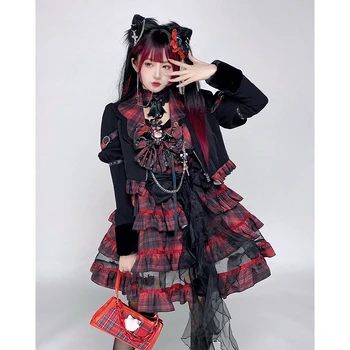 Japansk Gotiske Punk Lolita Kjoler Viktorianske Kvinner Elegante Puff Langermet Beskjære Jakker Pels Kawaii Bue Bandasje Rutete Kake Kjole