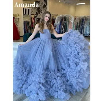 Amanda Blue Ball Kjole Kjole Søt Tulle Feie Tog ballkjoler 2023 Ermeløs Party Dress Fairy فساتين مناسبة رسمية