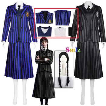 2 Farge Anime Addams Blå Onsdag Cosplay Kostyme Jente Skolen Svarte Uniformer Sort Kjole Kvinne Halloween Party Klær