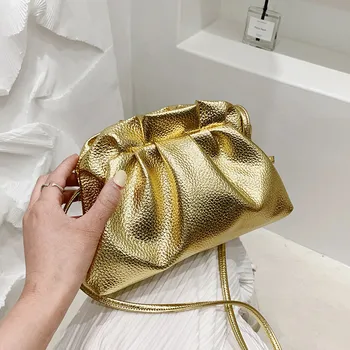 Luksuriøse Gull Cloud Bag For Kvinner Skinn Hobos Retro Cloud Crossbody-Veske Liten Telefon Bag Design Clutch Klippet Bag Kvinnelige Bolsa