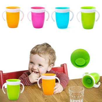 Vann Kopper Flaske 360 Grader Kan Roteres Barnet Lærer å Drikke Kopp Med Doble Håndtak Flip lokket Tett Magic Cup Spedbarn