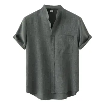 Sommer-Skjorte For Menn Bomull Kort Skjorte I Pustende Solid Farge Casual Skjorter Mote Stå Krage Enkelt Breasted Mann Bluse
