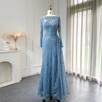 Sharon Sa Luksus Dubai Blue Mermaid Muslimske Kjole Overskirt langermet Pluss Størrelsen Kvinner Bryllup Gjest Party Kjoler SS141