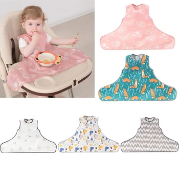 Vanntett Baby Bib Vaskes Lang Fôring Forkle Full Dekning Smock Bib Kjeledress med Duk Dekke for Baby Dining Chair
