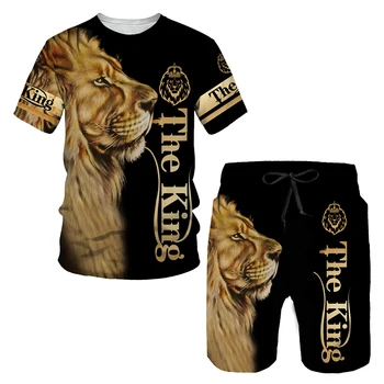 Tiger Kongen Sommer 3D Lion Skrevet Menn T-skjorte Shorts Sett Casual Menn Tracksuit O-Neck med Korte Ermer og Menn er Klær Sort 2-delt