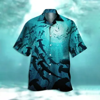 Hawaiian Beach Sommer Menn Skjorte 3D Trykt Hai Blekksprut Skjorter Menn Kvinner Mote Oversize Yrke kortermet Bluse
