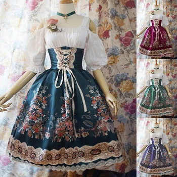 Vintage Kjole Sommer Cosplay Hushjelp Palace Lolita Skrive ut Høy Midje Long Sleeve Lace Viktoriansk Gotisk Middelalder Klær for Kvinner