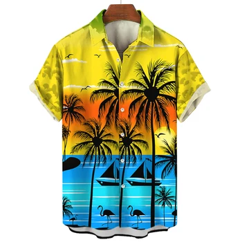 Hawaii-Skjorte For Menn Sommeren Korte Ermer Mannlige Klær Coconut Tree Ut Polo Krage Enkelt Breasted Menn Skjorte Ferie Toppen