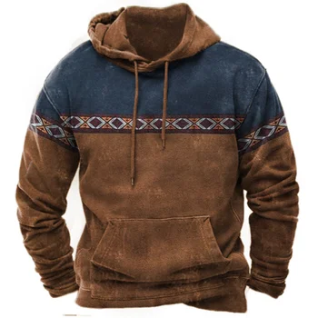Vintage Menn Hettegensere Uformell Etnisk Trykt Hooded Sweatershirt Vinter Mote Western Cowboy Store Menn Streetwear Hettegenser