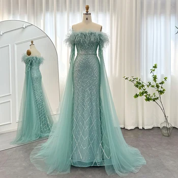 Sharon Sa Luksus Fjær Turkis Dubai Kjole med Cape Ermer 2023 Lilla arabiske Kvinner Bryllup Prom Kjole SS261