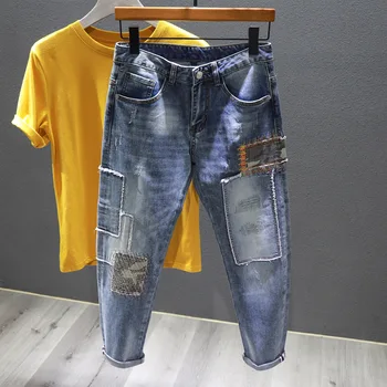 Brodert Kamuflasje Patch Jeans-Menn Mote Designer Skjøting Av Streetwear Mannlige Ha Dratt Hull Skinny Jeans, Denim Bukser