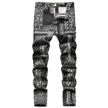 Menn Paisley Bandanna Trykt Jeans Mote Digitale 3D-Malt Stretch Denim Bukser Slank Rett Sorte Bukser