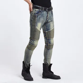 Engros & retail Menn Skinny jeans menn 2016 nye Rullebanen tynn elastisk denim Biker jeans hiphop motorsykkel Cargo bukser
