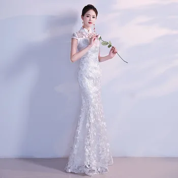 Hvite Kvinner Elegante Mandarin Krage Bridal Wedding Dress Sexy Slank Blonder Nyhet Cheongsam Utsøkt Mermaid Trim Lang Qipao