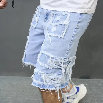 2023 Sommer Menn Streetwear Dratt Patch Denim Shorts Stilig Solid Uformell Rett Mannlige Jeans Fem-punkt Bukser