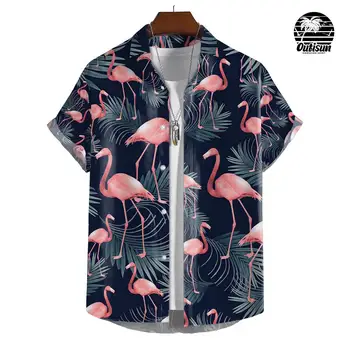 Sommer Salg Hawaii-Skjorte For Menn 3d-Tegnefilm Flamingo Menn Skjorte Stranden Overdimensjonert Morsomme herreklær 5xl Mote Short Sleeve