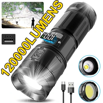 120000 Lumen Super Bright LED-Lommelykt Oppladbare Type C 9000 mAh XPH90 COB Lommelykt Lys med Digitalt Display for Outdoor