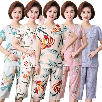 Middelaldrende mor pyjamas sommer bomull pysjamasen kvinner kort-sleeved nattøy passer lounge hjem klær løs pijama angi L-4XL