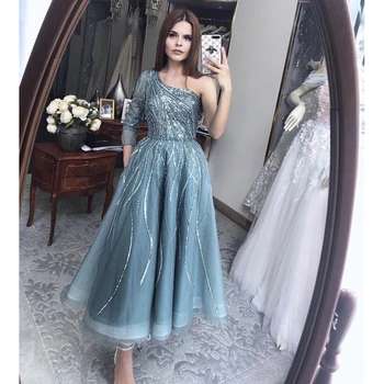 Elegant Dubai Kveld Natt Kjoler for Kvinner 2023 En Skulder Aline Perler Håndlaget Kaffe Lengde Formelle Bryllup Prom Party Kjoler