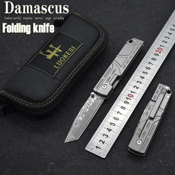 LUOKESI Damaskus Stål Lomme Folding Kniven Alle Titanium Legering Håndtere Utendørs Taktisk Jakt Militære Kniv Utility Samling