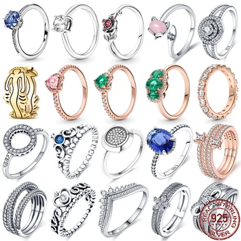 Nye 925 Sterling Sølv Utsøkt Hjertet Krone Crystal Charm Ring Engasjement Bryllupsdag Minnemynter Smykker