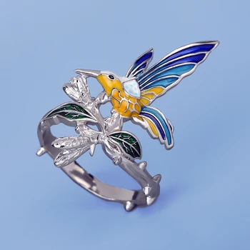 2023 Nye Women ' s Hummingbird Ring Farge Epoxy Kreative Dyr Fugl Ring Håndlaget Emalje Kvinne giftering