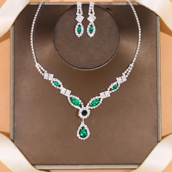 Stonefans Elegante Emerald Green Crystal Smykker Sett Bryllup Tilbehør 2023 Bridal Vann Dråpe Halskjede Øredobber Sett Damer Gave