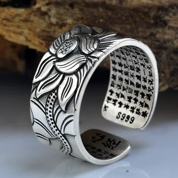 100% Ekte 999 Ren Sterling Sølv Smykker Lotus Blomst Åpen Ring For Menn Male Mote Gratis Størrelsen Buddhistic Hjertesutraen Ringer 