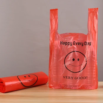 50 Stk Rød Smilende Ansikt plastpose Gjennomføre Poser Detaljhandel Supermarked Dagligvare Shopping med Håndtak Mat Emballasje Hjem Lagring