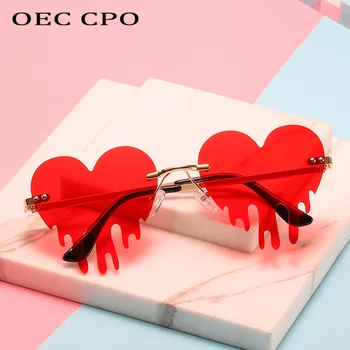 OEC CPO Unike Hjertet Rimless Solbriller Kvinner New Fashion Rød Blå Tårer Form Solbriller Kvinnelige Vintage Steampunk Briller UV400