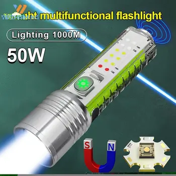 50W Super Bright LED-Lommelykt Oppladbare Lommelykt Med sidelys Sterke Magneter Belysning 1000m Mini Multifunksjon Lommelykt