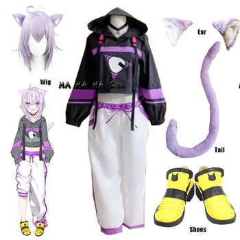 Nekomata Okayu vtuber Anime Cosplay Kostyme Inkluderer Hodeplagg Og Pels på Halen Acgcosplay Drakt Halloween Cosplay Kostyme Parykk Sko