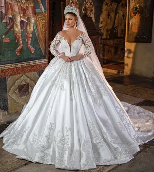 Marokko 2023 Nydelig Pricess Bryllup Kjoler Ballen Kappe Kniplinger Perler Lange Ermer Ren Halsen Hvit Brude Gowns Vestido De Novia