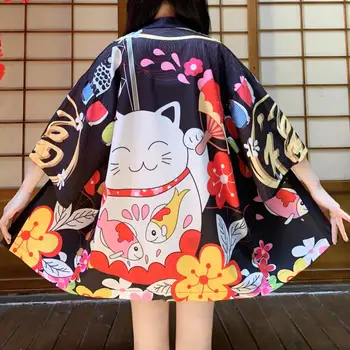 Løs Red Black Lucky Cat Japansk Tegneserie Kawaii-Stranden Cardigan Asiatiske Kvinner Harajuku Kimono Cosplay Topper Bluse Yukata Klær