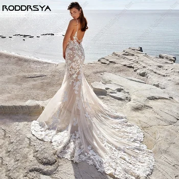 RODDRSYA Stranden i Mermaid Wedding Dress For Kvinner Spaghetti Stropper Appliques Blonder Feie Tog Ryggløse skreddersydde Brude Gowns